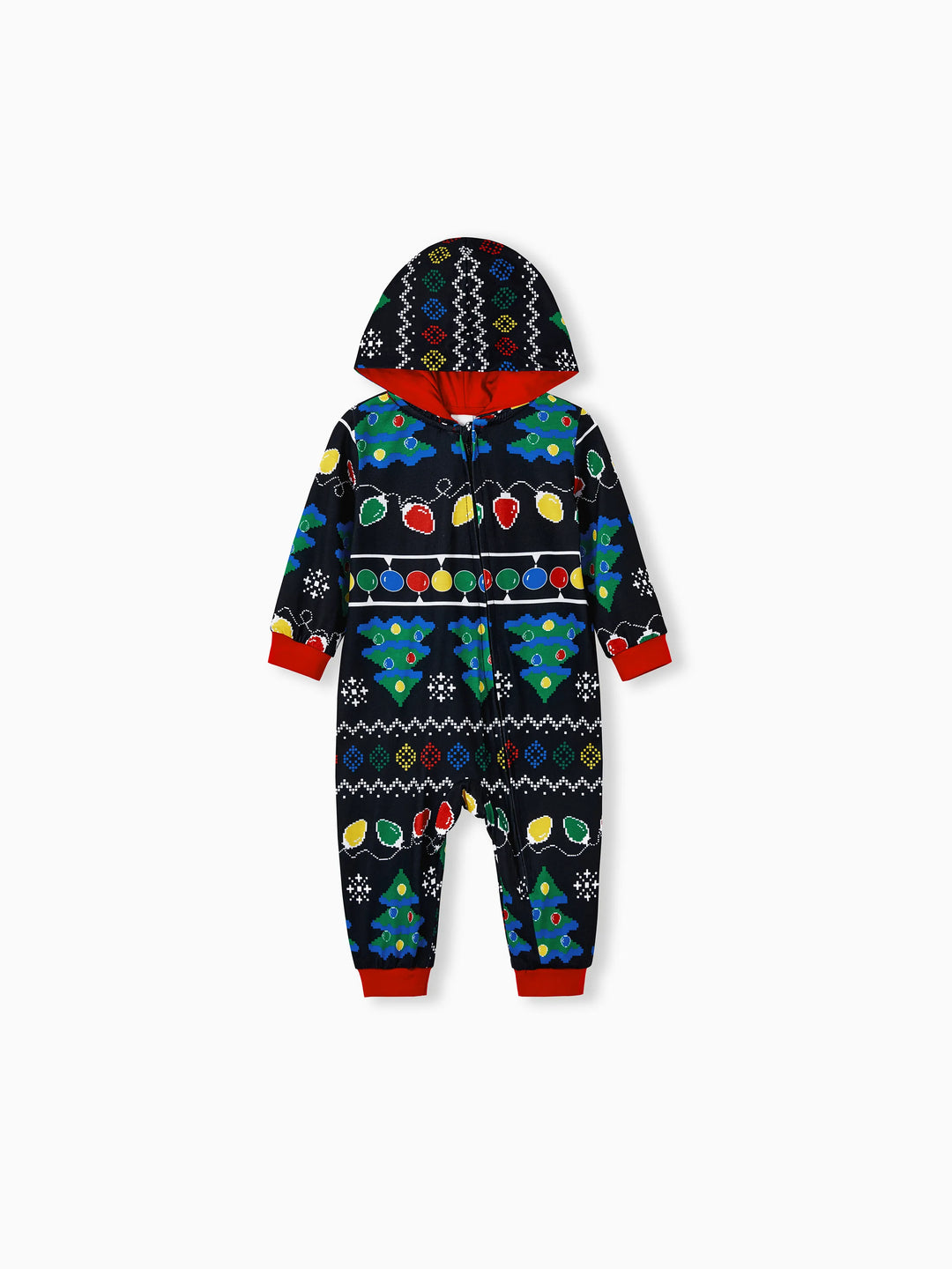 Conjunto de Pijamas de Natal para a Família com Estampado de Árvore de Natal e Meias de Natal Pretas