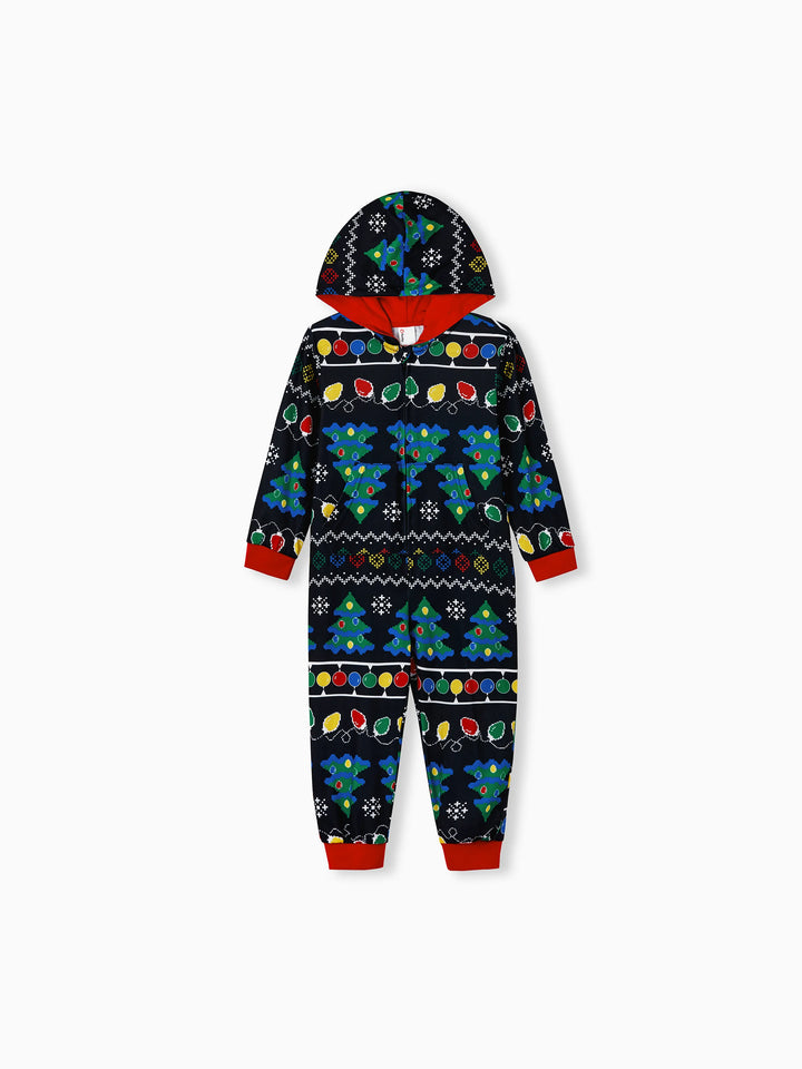 Conjunto de Pijamas de Natal para a Família com Estampado de Árvore de Natal e Meias de Natal Pretas