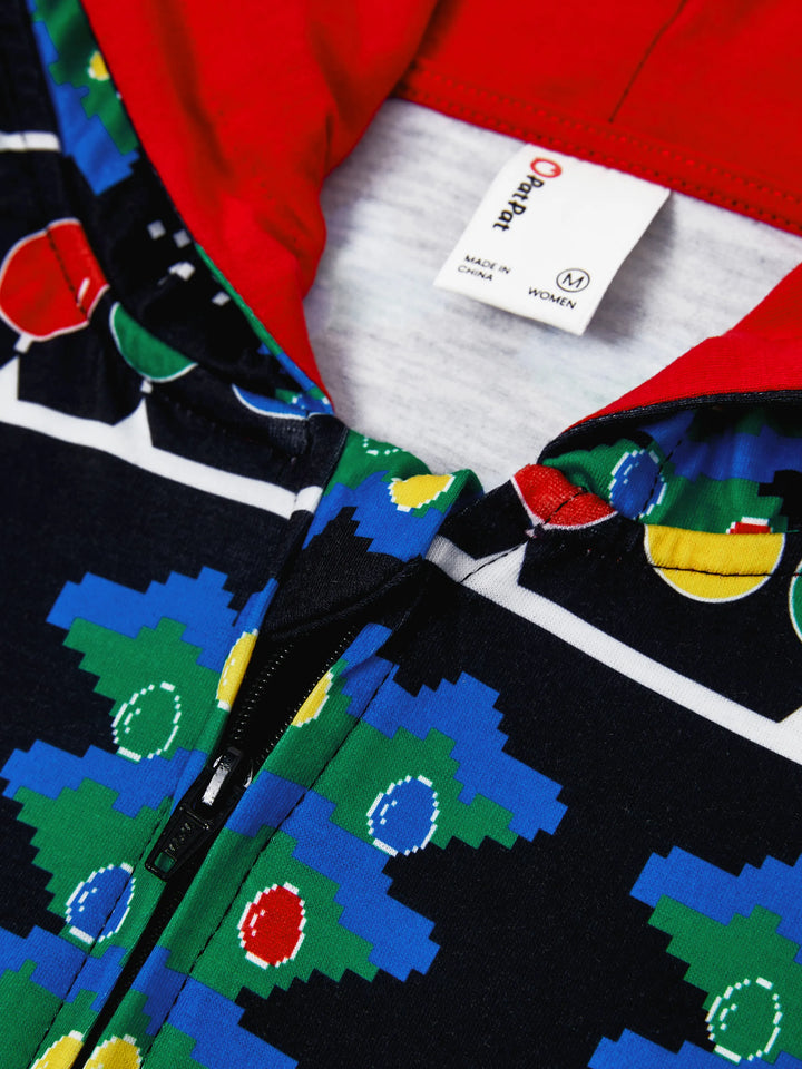 Conjunto de Pijamas de Natal para a Família com Estampado de Árvore de Natal e Meias de Natal Pretas