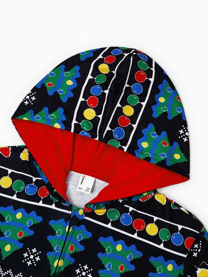 Conjunto de Pijamas de Natal para a Família com Estampado de Árvore de Natal e Meias de Natal Pretas