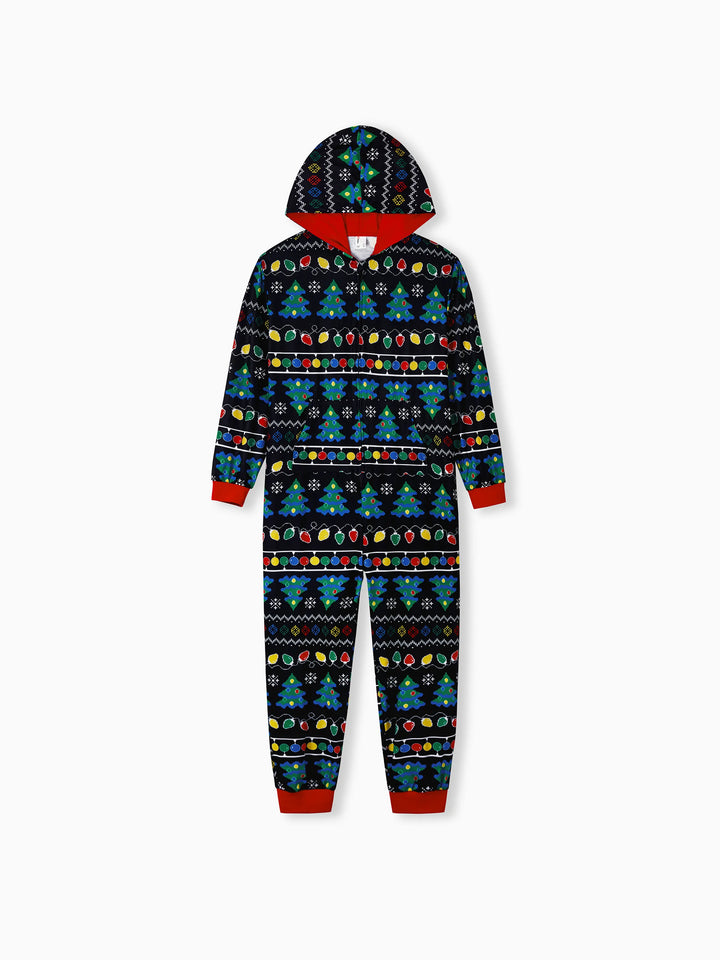 Conjunto de Pijamas de Natal para a Família com Estampado de Árvore de Natal e Meias de Natal Pretas