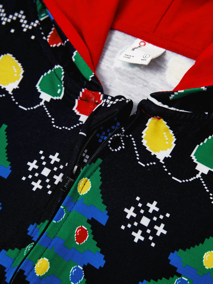 Conjunto de Pijamas de Natal para a Família com Estampado de Árvore de Natal e Meias de Natal Pretas