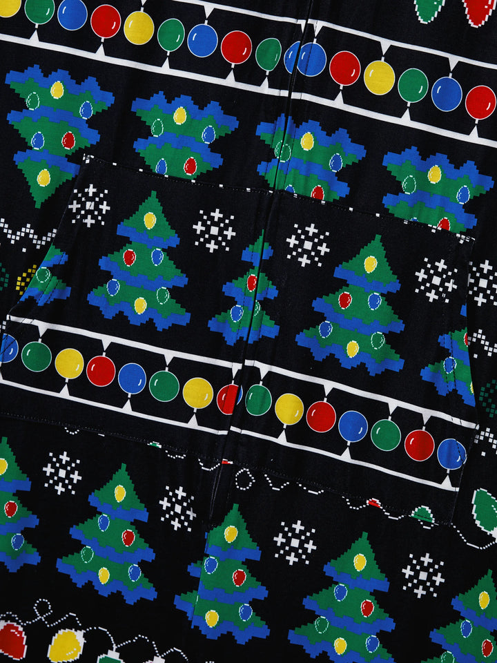 Conjunto de Pijamas de Natal para a Família com Estampado de Árvore de Natal e Meias de Natal Pretas