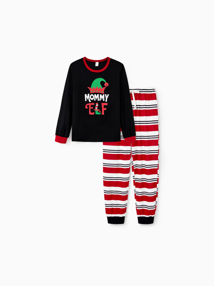 Conjunto de Pijamas Coincidentes para a Família com Estampa de Elfo e Meias de Natal em Preto