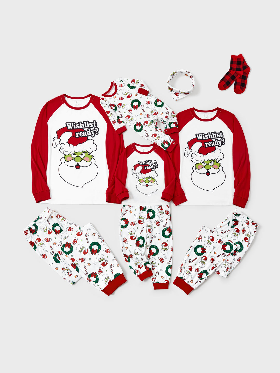 Conjunto de Pijamas em Coordenação para a Família com Tema do Grinch de Natal e Meias de Natal Vermelhas