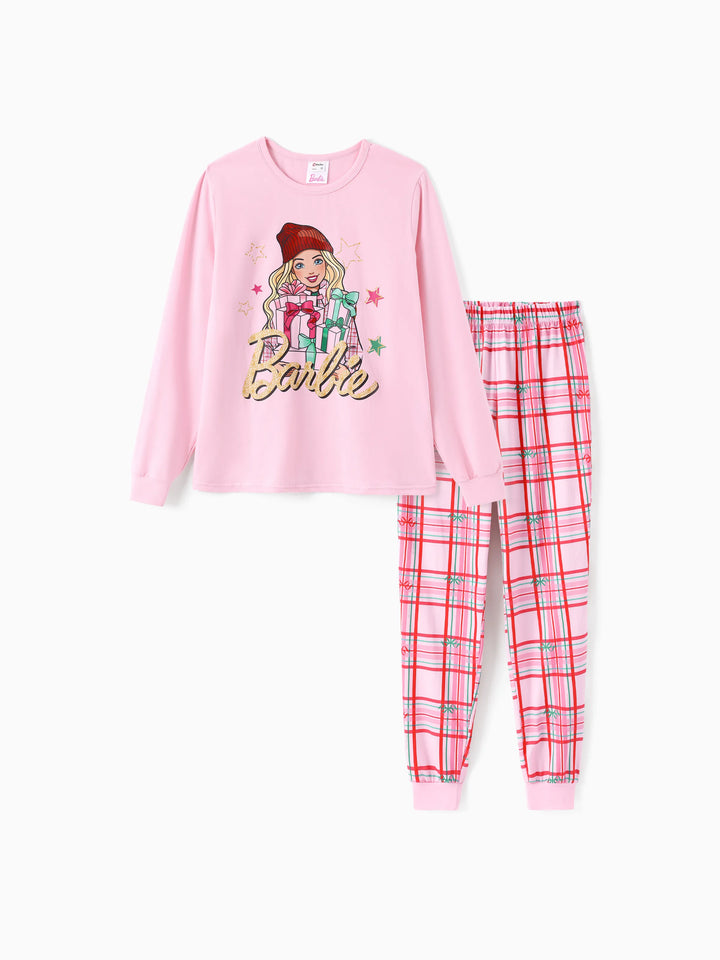 Conjunto de Pijamas Ajustados em Algodão Orgânico Rosa Barbie Christmas Mommy
