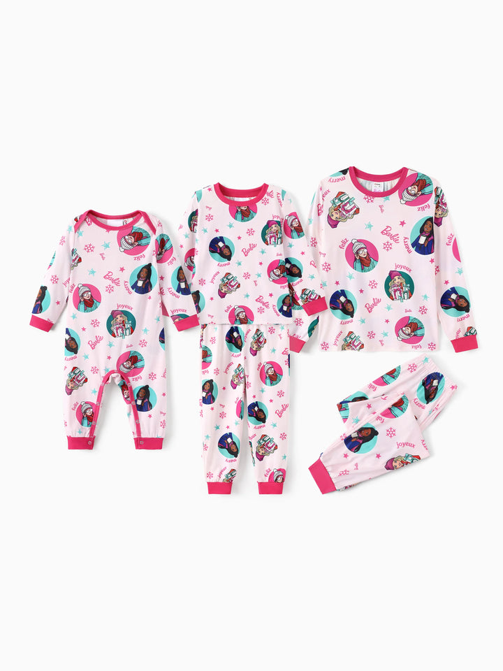 Conjunto de Pijamas de Natal em Conjunto para Família com Flocos de Neve e Meias de Natal Barbie - Cor de Rosa