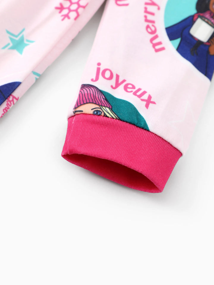 Conjunto de Pijamas de Natal em Conjunto para Família com Flocos de Neve e Meias de Natal Barbie - Cor de Rosa
