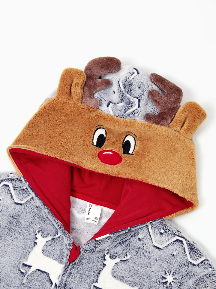 Conjunto de Pijamas em Família Combinados para o Natal com Estampado de Renas - Pijamas que Brilham no Escuro com Meias de Natal Brancas/Cinzentas