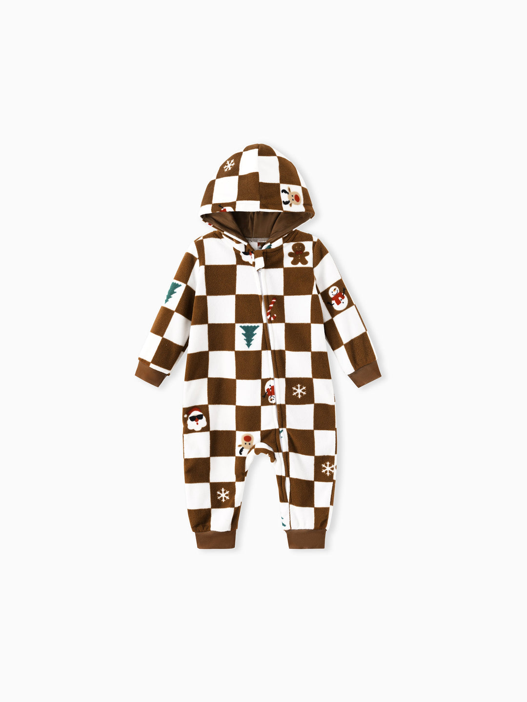 Conjunto de Pijamas de Fleece com Capuz Combinados para Família - Tema Natalino de Gengibre com Estampa Xadrez e Meias de Natal em Cores.