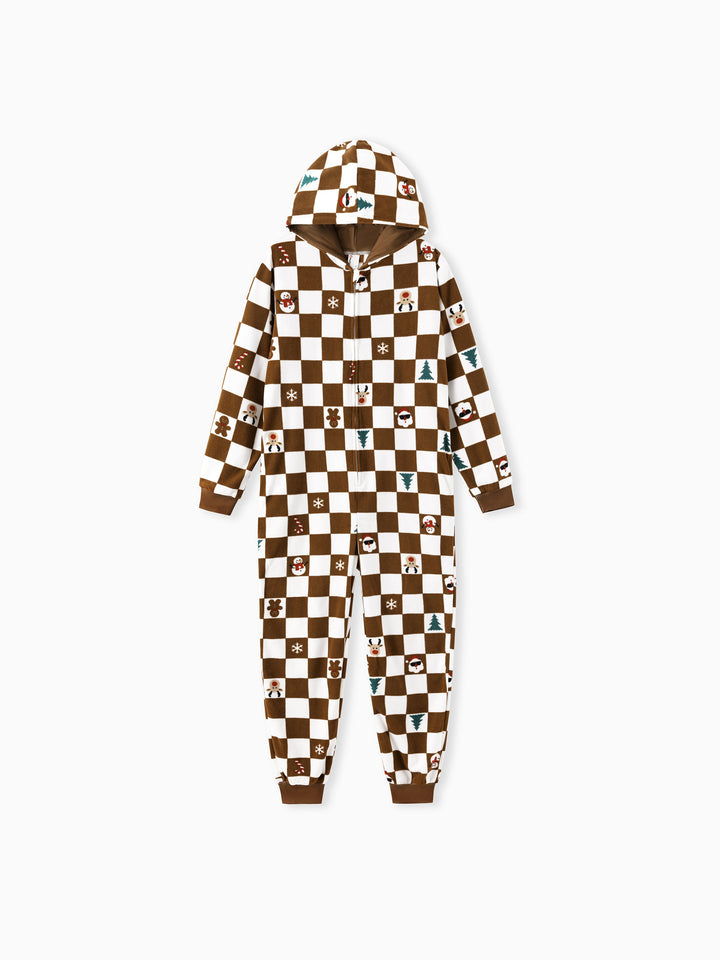 Conjunto de Pijamas de Fleece com Capuz Combinados para Família - Tema Natalino de Gengibre com Estampa Xadrez e Meias de Natal em Cores.