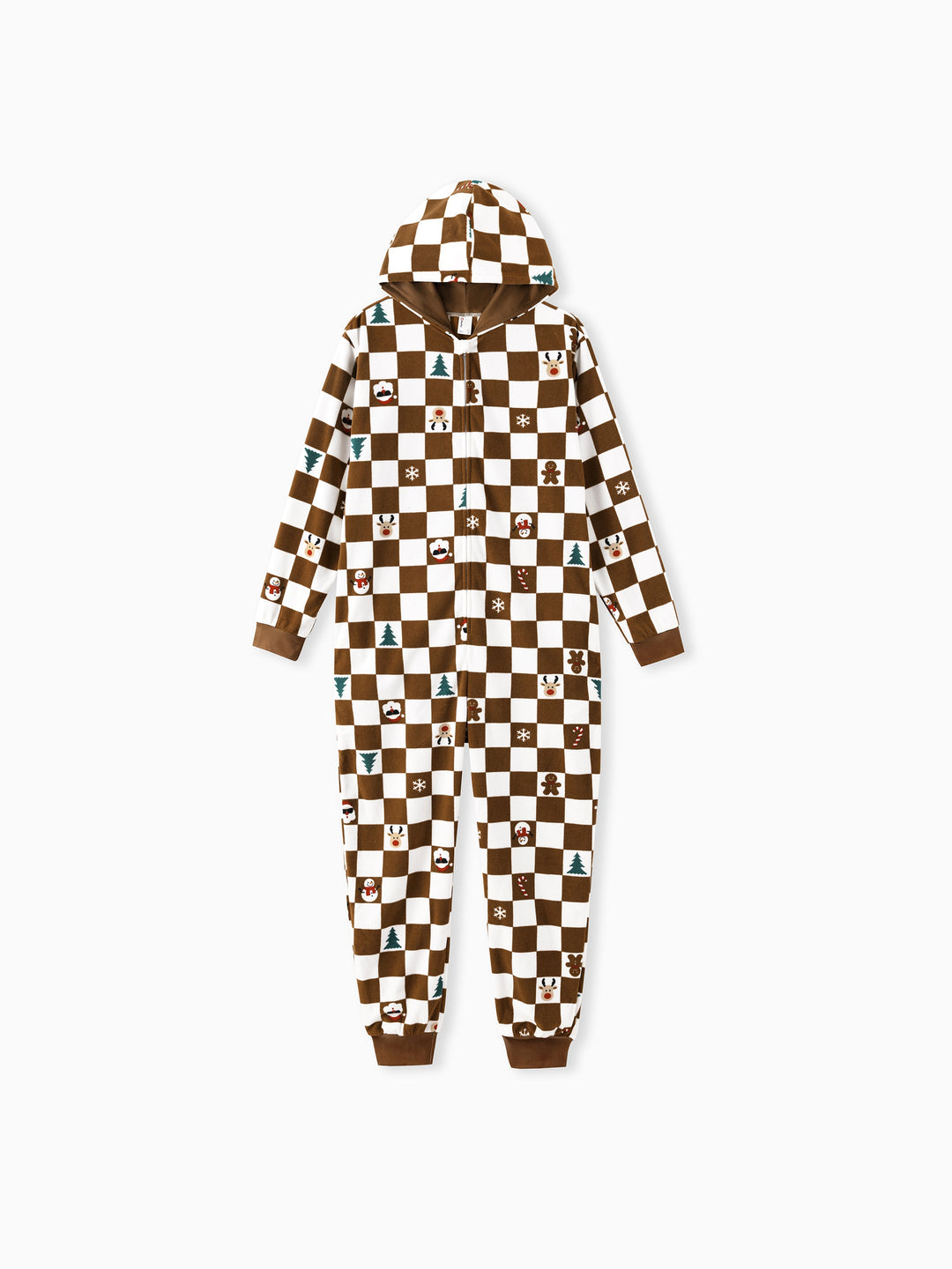 Conjunto de Pijamas de Fleece com Capuz Combinados para Família - Tema Natalino de Gengibre com Estampa Xadrez e Meias de Natal em Cores.