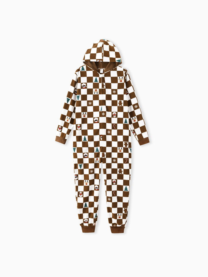 Conjunto de Pijamas de Fleece com Capuz Combinados para Família - Tema Natalino de Gengibre com Estampa Xadrez e Meias de Natal em Cores.