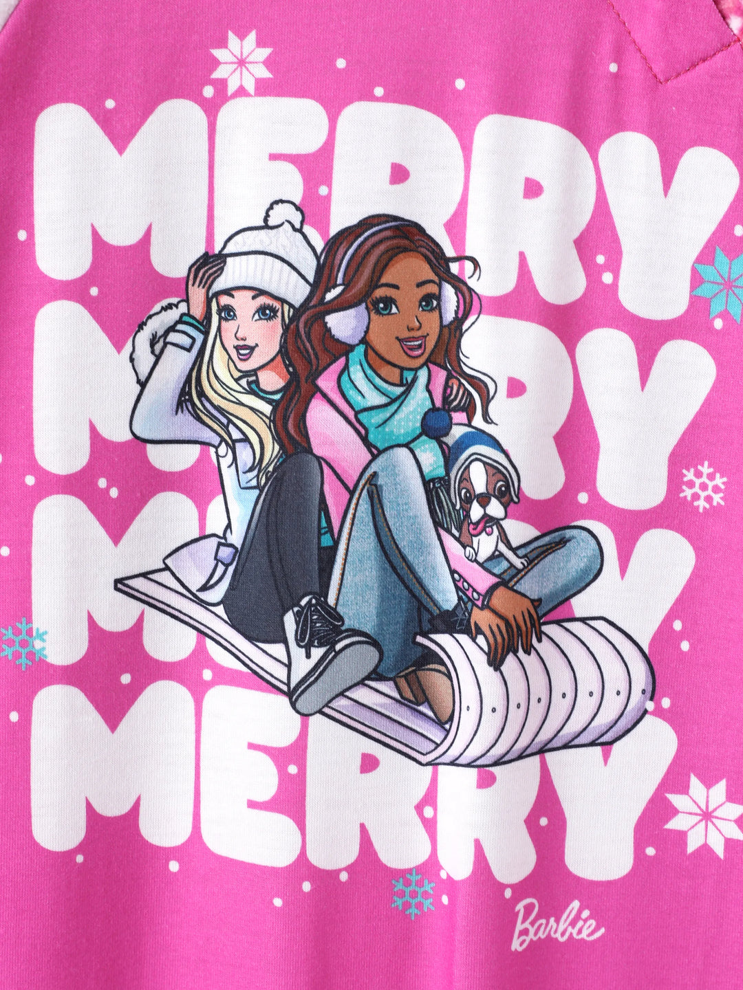 Conjunto de Pijamas em Rosa Choque para Mãe e Filha com Estampado de Flocos de Neve da Barbie para o Natal