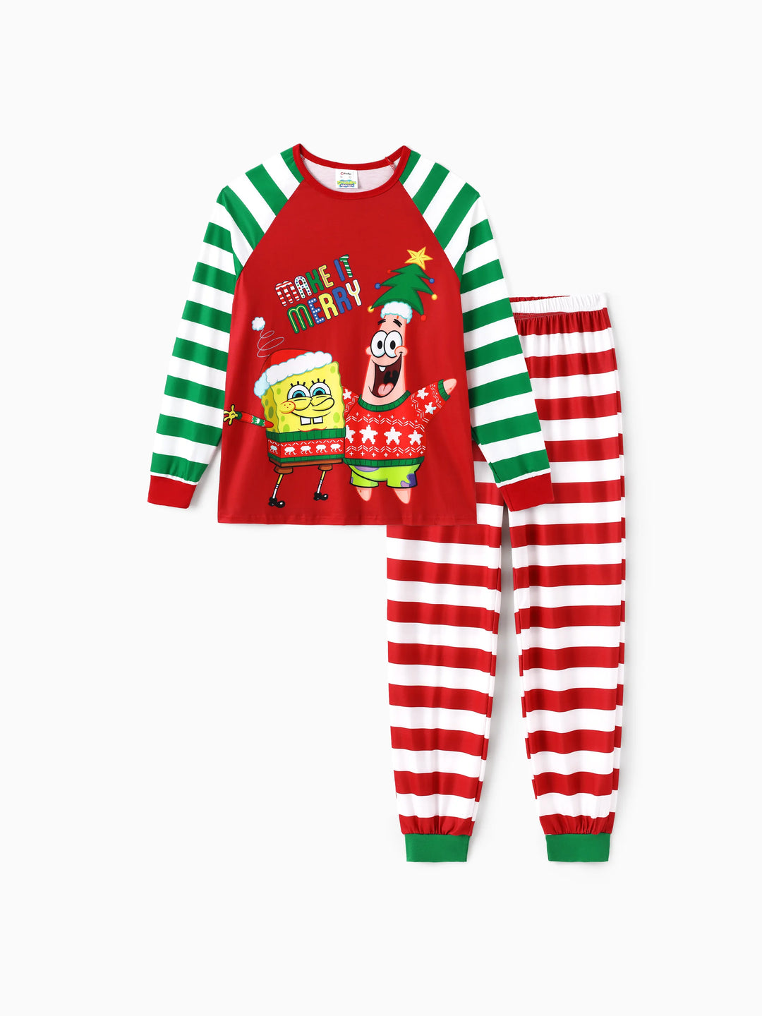 Conjunto de Pijamas com Listras de Natal da Família SpongeBob SquarePants, com Meias de Natal Vermelhas.