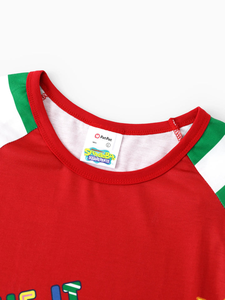 Conjunto de Pijamas com Listras de Natal da Família SpongeBob SquarePants, com Meias de Natal Vermelhas.