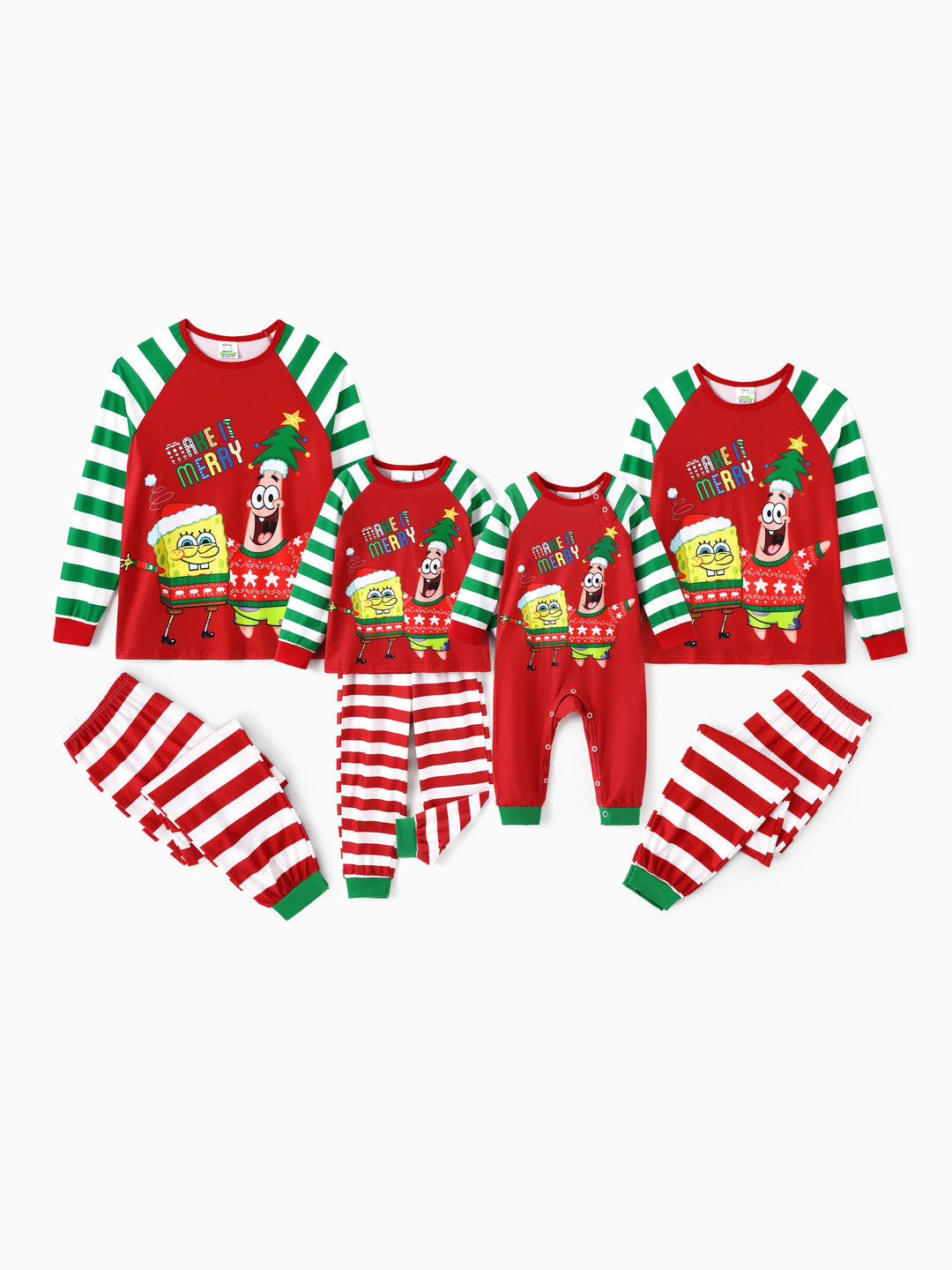 Conjunto de Pijamas com Listras de Natal da Família SpongeBob SquarePants, com Meias de Natal Vermelhas.