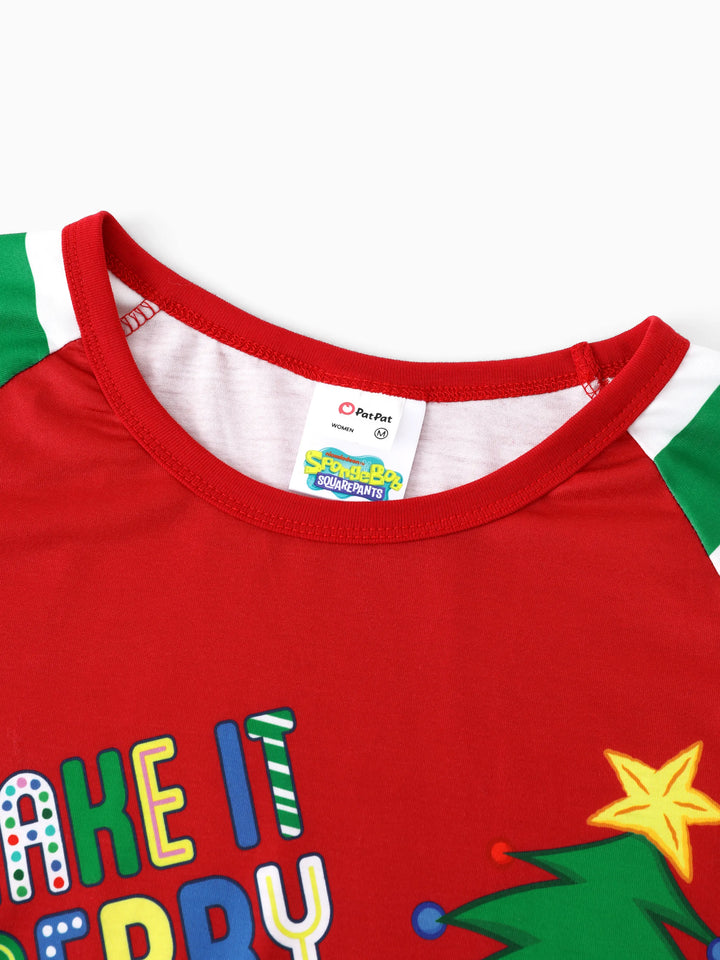 Conjunto de Pijamas com Listras de Natal da Família SpongeBob SquarePants, com Meias de Natal Vermelhas.