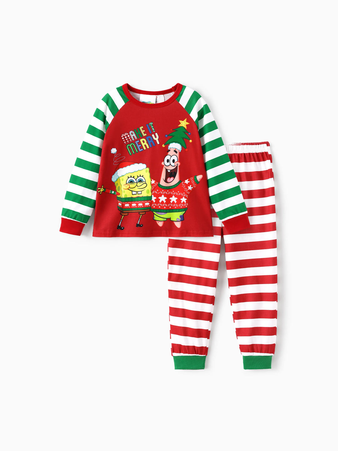 Conjunto de Pijamas com Listras de Natal da Família SpongeBob SquarePants, com Meias de Natal Vermelhas.