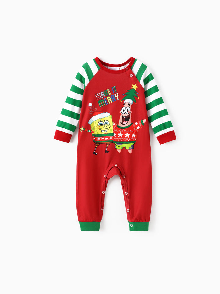 Conjunto de Pijamas com Listras de Natal da Família SpongeBob SquarePants, com Meias de Natal Vermelhas.
