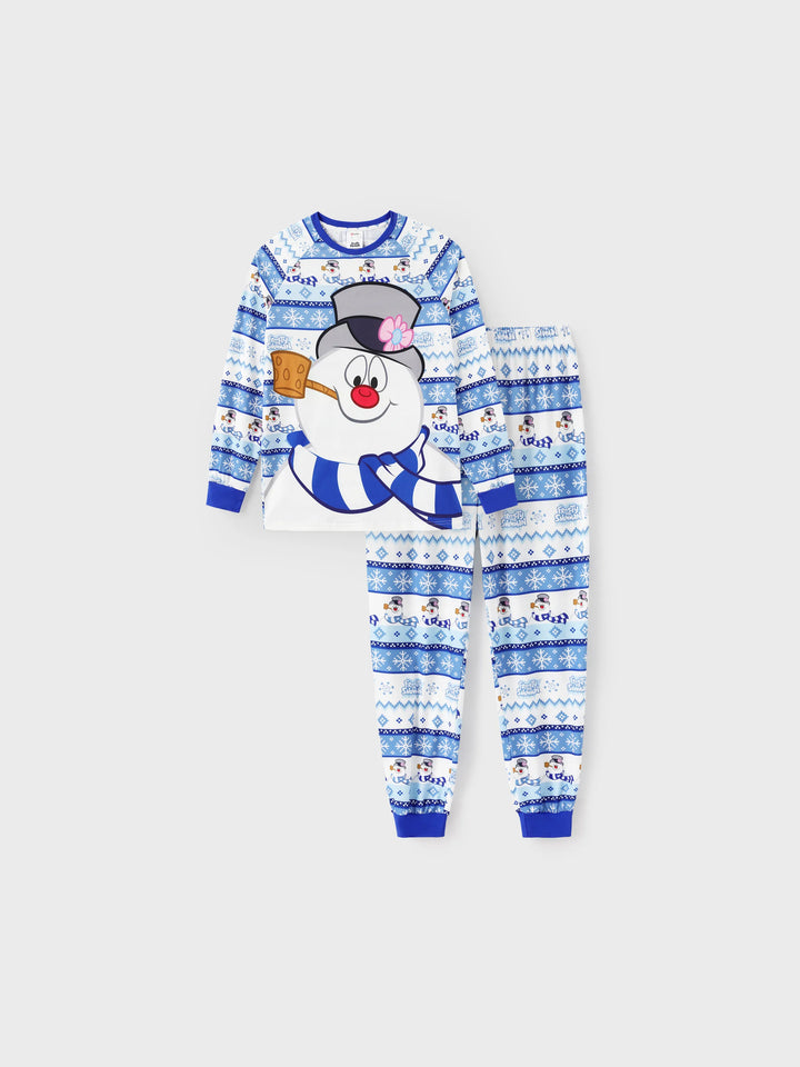 Conjunto de Pijamas de Natal em Família a Condizer com Frosty, o Boneco de Neve, com Meias de Natal Azuis