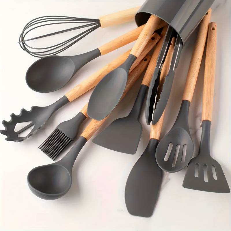Conjunto Minimalista de Utensílios de Silicone e Madeira – 12 Peças
