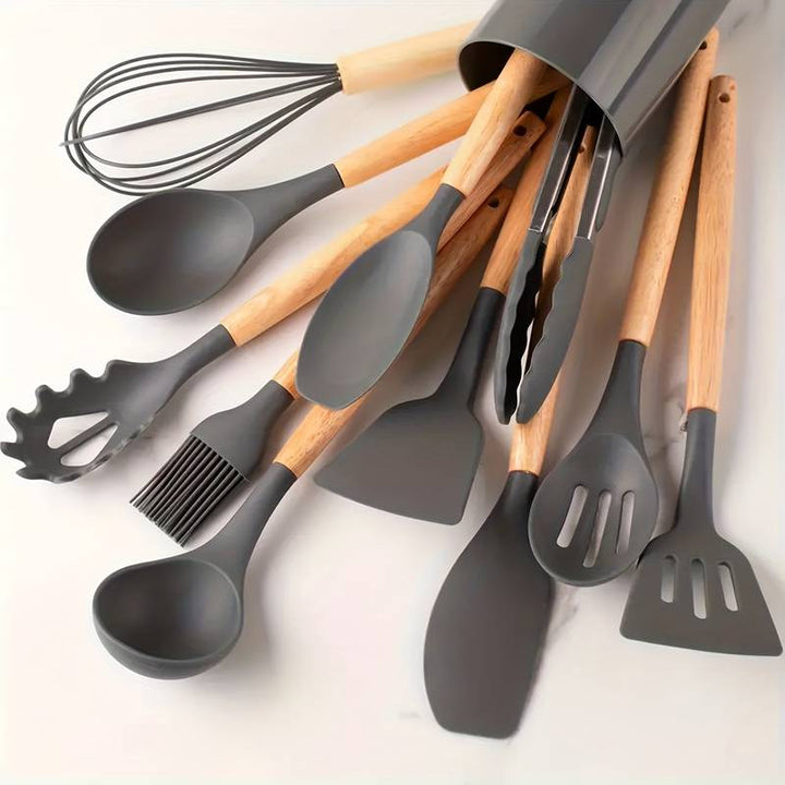 Conjunto Minimalista de Utensílios de Silicone e Madeira – 12 Peças