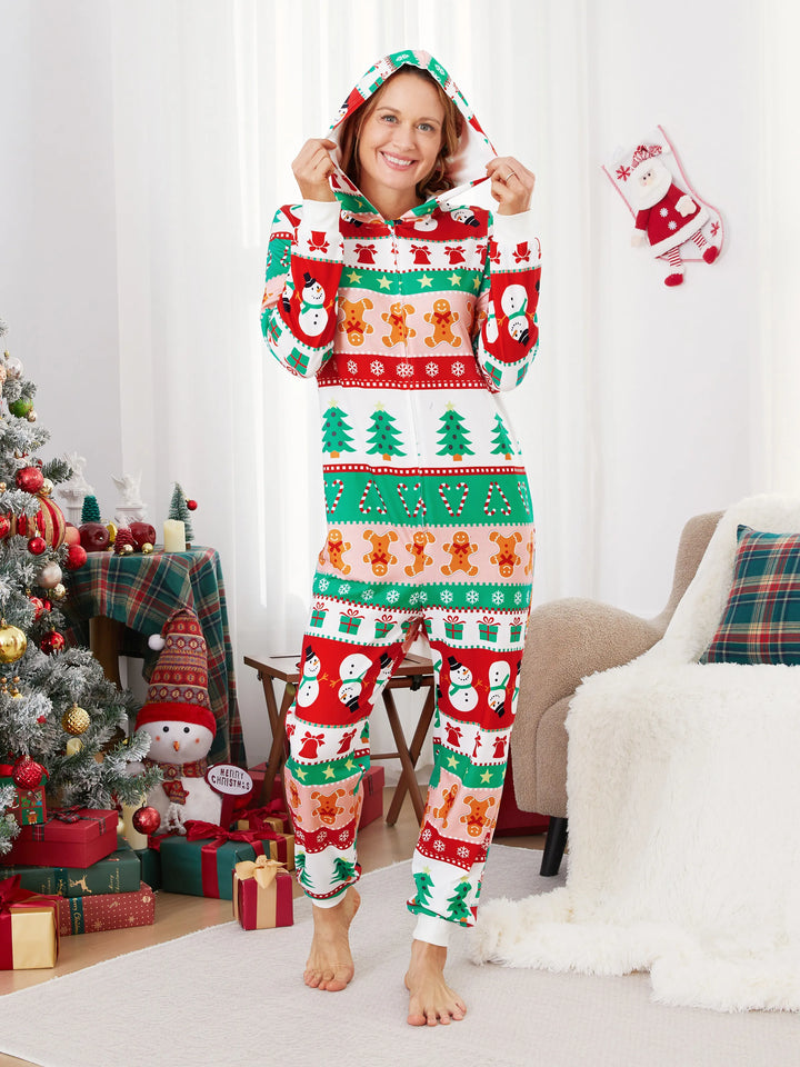 Pijamas de uma peça Conjuntos de Natal Coordenados Estampados com Zíper à Frente Impressão Holly Jolly com Meias de Natal Fundo Multicolorido