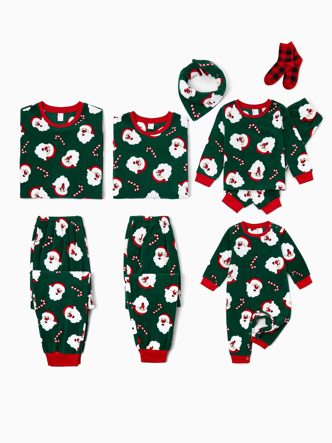 Conjunto de Pijamas de Fleece para a Família em Conjunto com Estampado de Pai Natal e Bastão de Açúcar, incluindo Meias de Natal em Verde Escuro