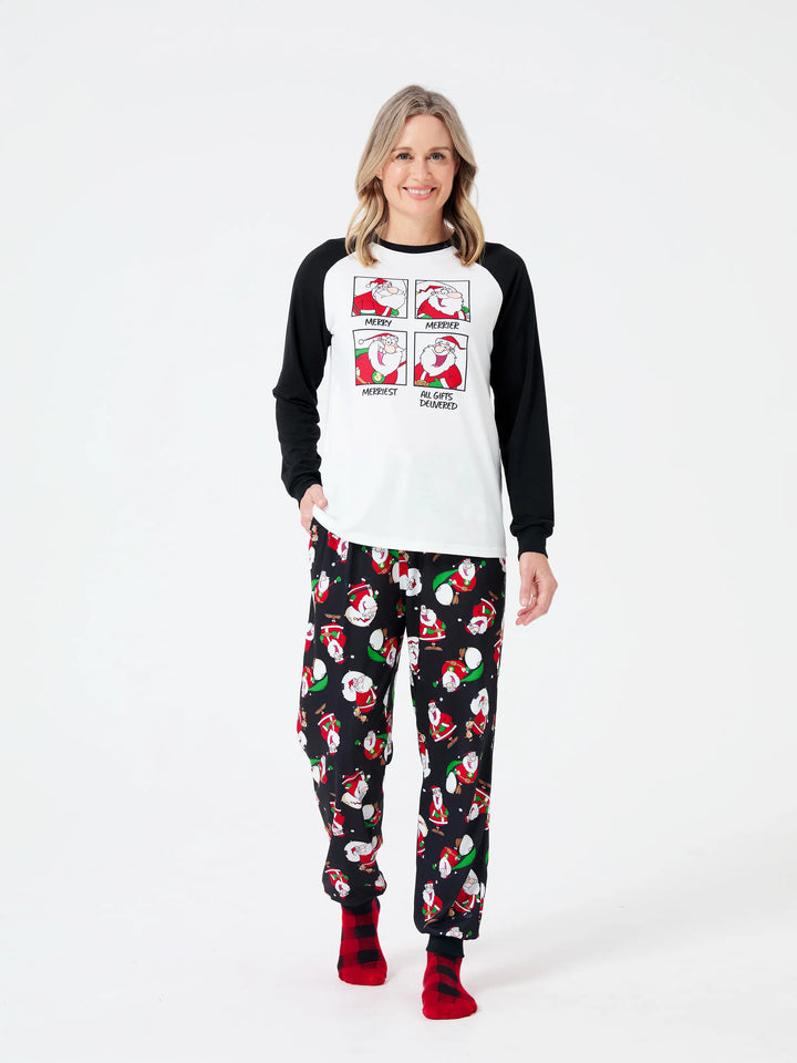 Conjunto de Pijamas em Família para Natal com Estampado de Pai Natal Preto e Branco e Meias de Natal Pretas