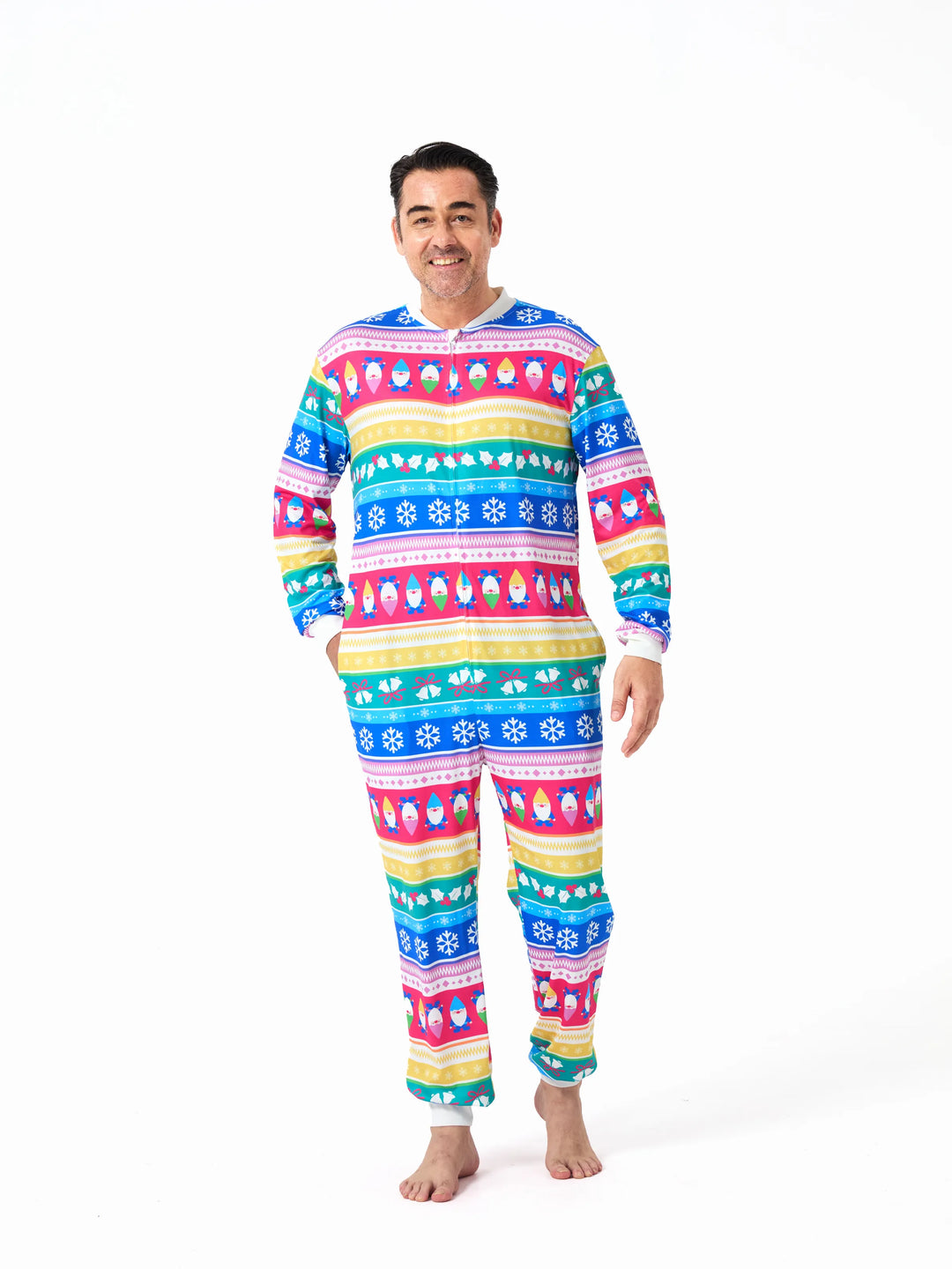 Conjunto de Pijamas de Natal para a Família com Padrão de Gnomos e Listras, incluindo Meias de Natal em Multicor