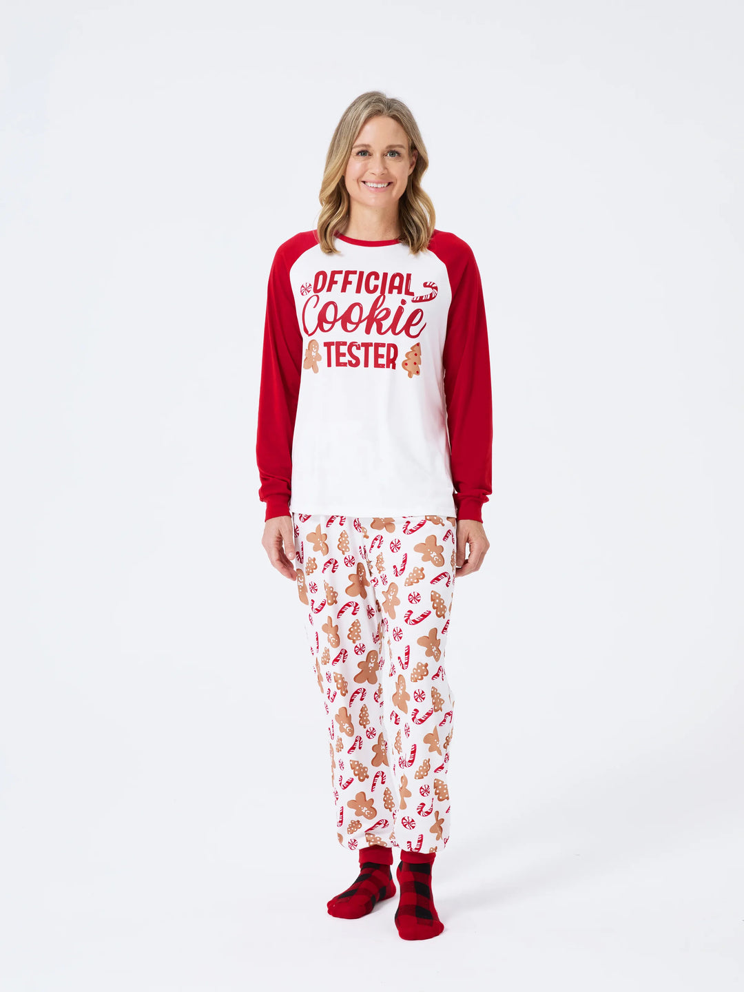 Conjunto de Pijamas de Natal em Família com Estampado de Gengibre e Bastão de Dóceis, incluindo Meias de Natal Vermelhas.