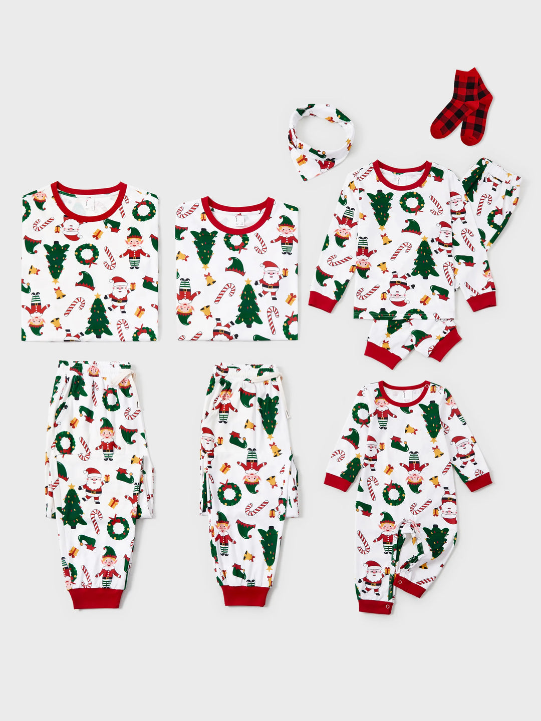 Conjunto de Pijamas Coordenação de Natal para toda a Família Estampado com Pai Natal e Árvore de Natal, Pijamas de Manga Longa com Meias de Natal Brancas
