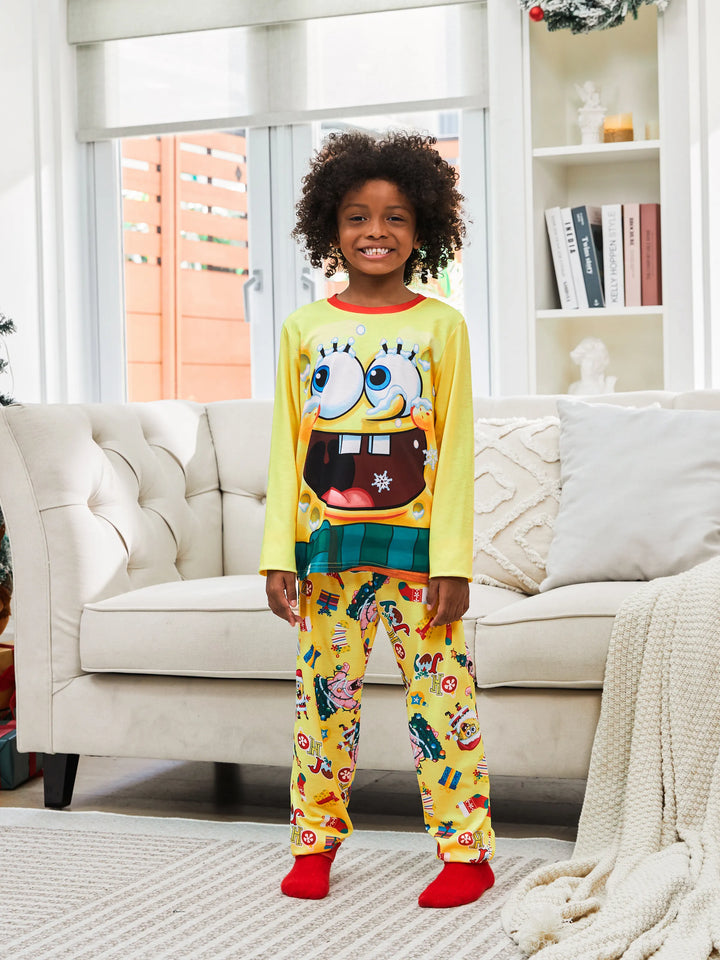 Conjuntos de Pijamas Natalícios em Conjunto Cor de Esponja Bob para a Família com Meias de Natal