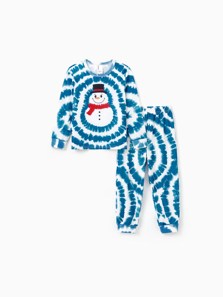 Conjunto de Pajamas de Natal em Família com Estampa de Boneco de Neve em Tie-dye Azul com Meias de Natal Azul Escuro