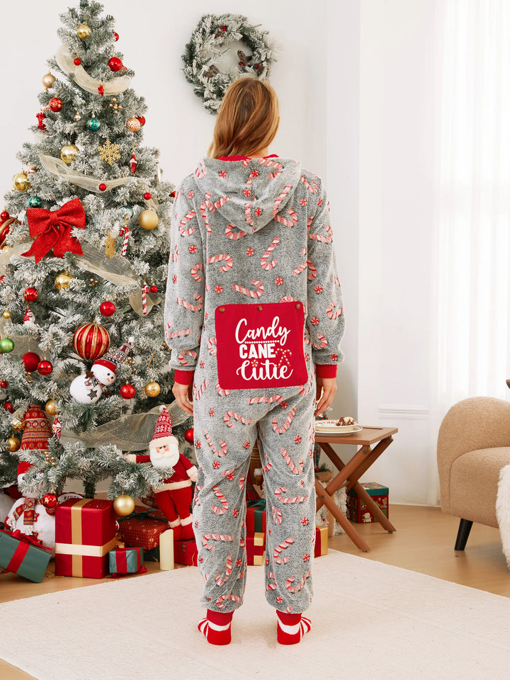 Pijamas de Uma Peça Conjuntos de Natal Correspondentes Padrão de Bastão de Caramelo (Brilham no Escuro) com Meias de Natal Pretas