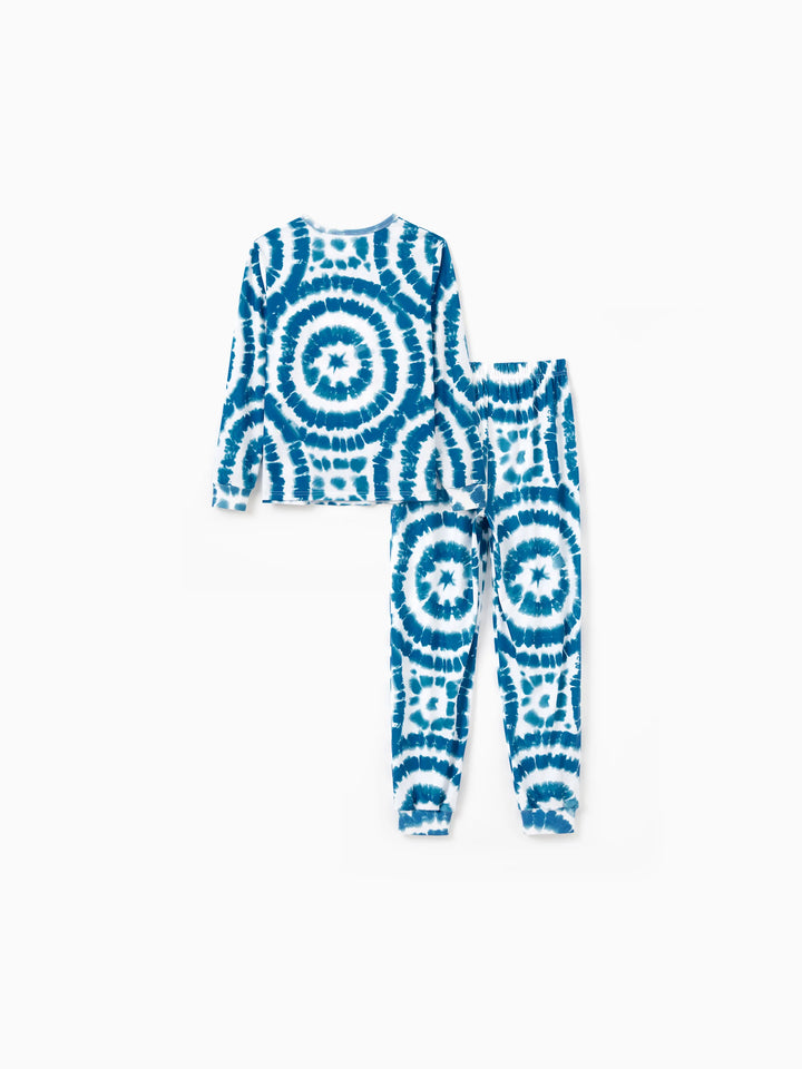 Conjunto de Pajamas de Natal em Família com Estampa de Boneco de Neve em Tie-dye Azul com Meias de Natal Azul Escuro
