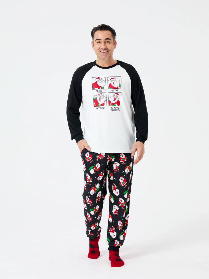 Conjunto de Pijamas em Família para Natal com Estampado de Pai Natal Preto e Branco e Meias de Natal Pretas