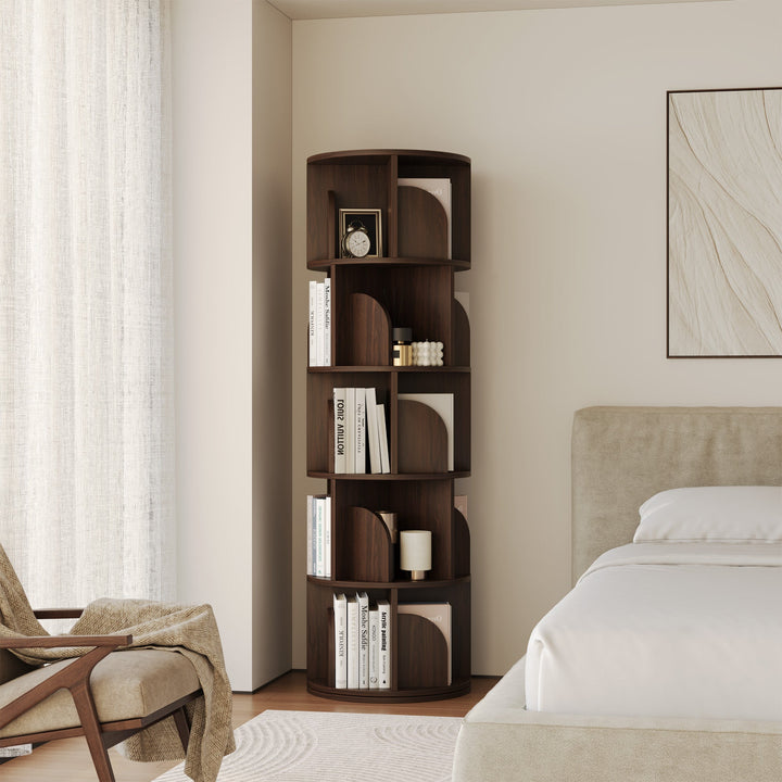 Estante Giratória 360° RAZU Circinus Core da Série Vortex em Aglo Nogueira – 5 Prateleiras