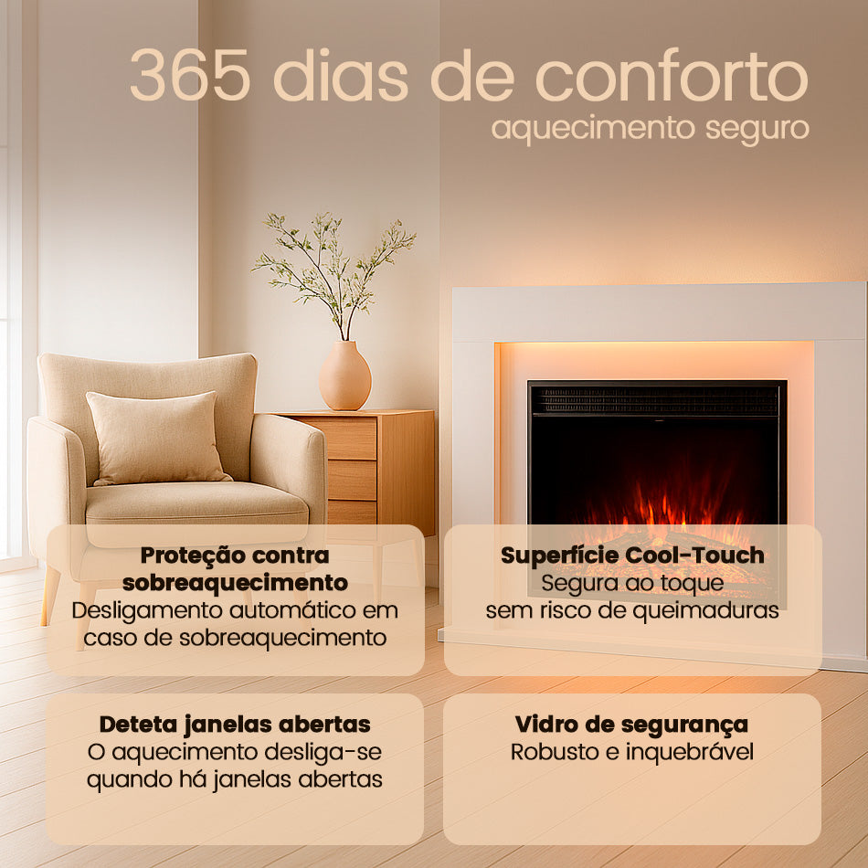Lareira Elétrica com Chama 3D, Luz LED e Comando Remoto