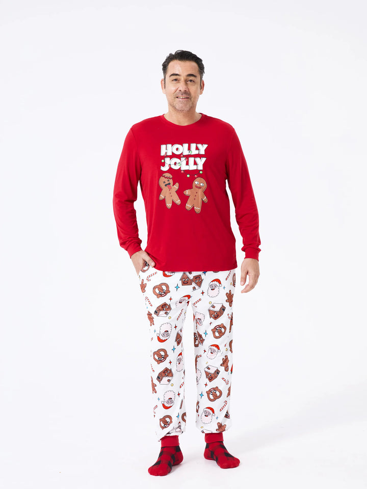 Conjunto de Pijamas de Natal coordenados para toda a família - Pijamas que brilham no escuro com Bolachas de Natal e Pai Natal, acompanhados de meias de Natal vermelhas.