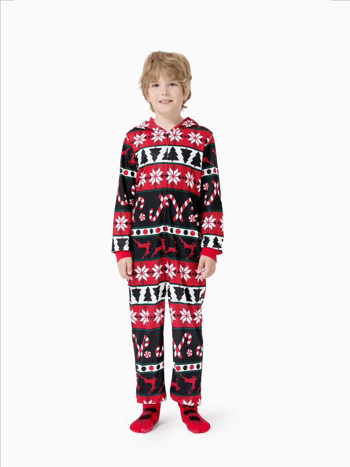 Pijamas de Natal com padrão de rena 3D, macacões com capuz e fecho, outfits em família coordenados nas cores vermelho/preto.
