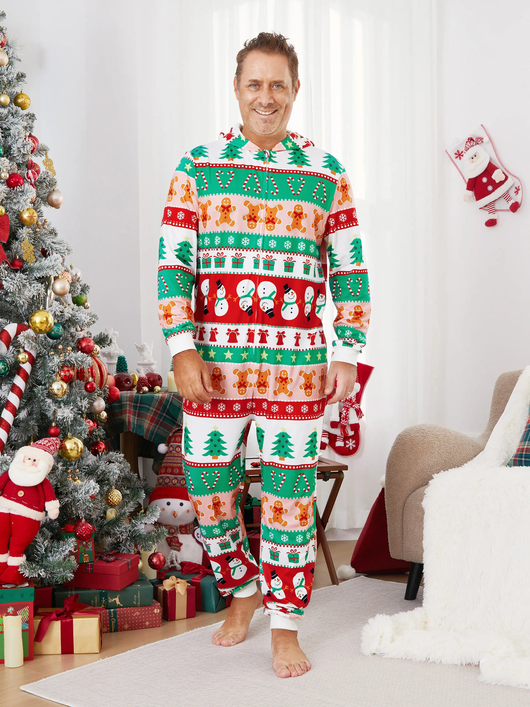 Pijamas de uma peça Conjuntos de Natal Coordenados Estampados com Zíper à Frente Impressão Holly Jolly com Meias de Natal Fundo Multicolorido
