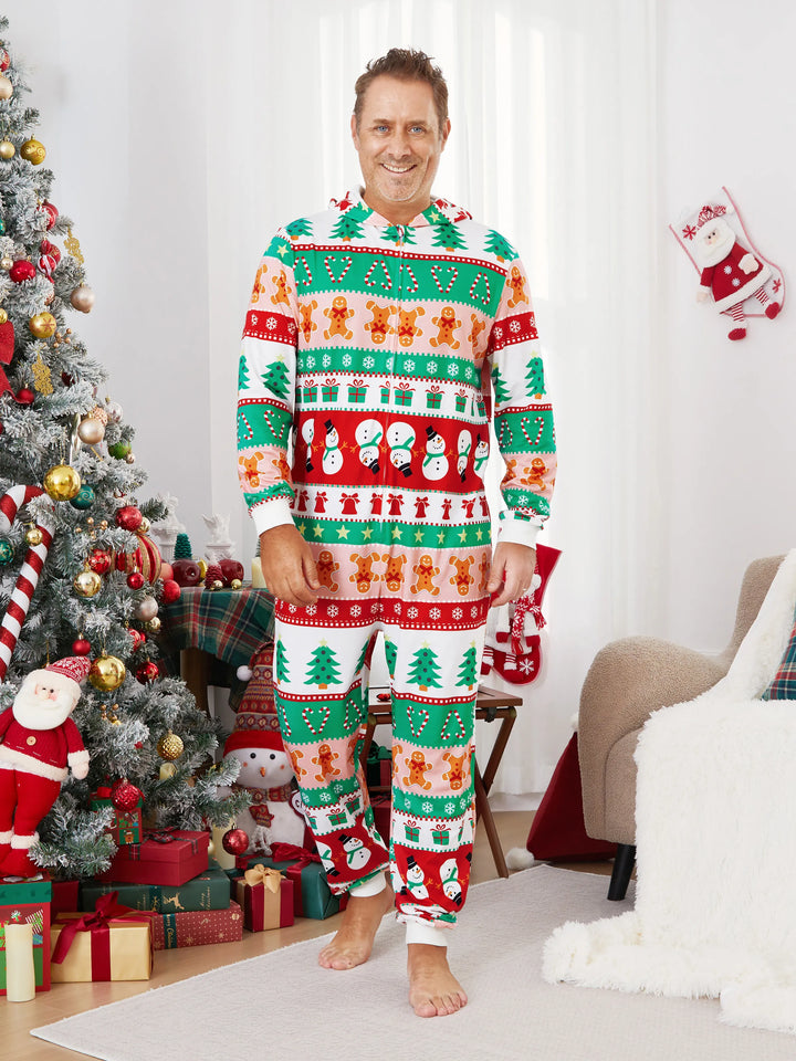 Pijamas de uma peça Conjuntos de Natal Coordenados Estampados com Zíper à Frente Impressão Holly Jolly com Meias de Natal Fundo Multicolorido