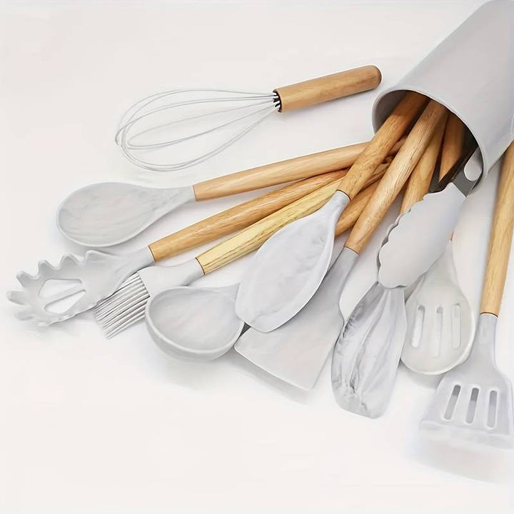 Conjunto Minimalista de Utensílios de Silicone e Madeira – 12 Peças