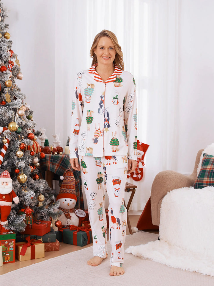 Pijamas de Natal em Família Conjunto de Pijamas com Gola para Cão Fofo e Meias de Natal Light Apricot