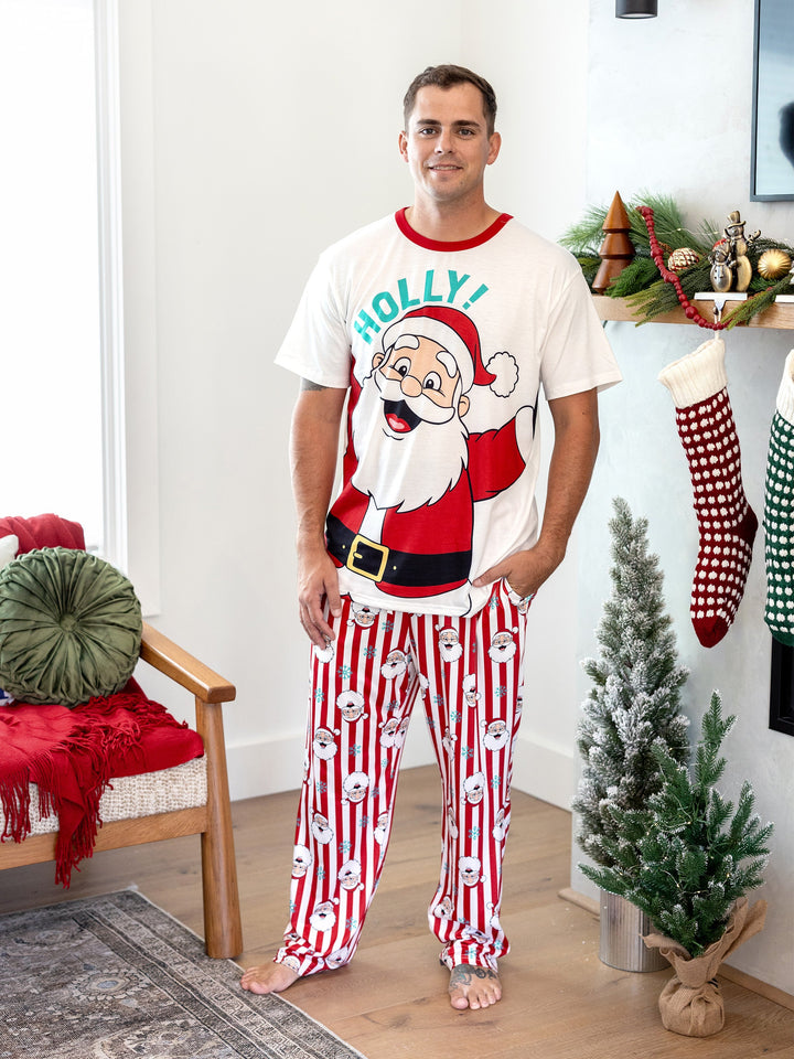 Conjunto de Pijamas de Natal em Conjunto para a Família - Pai Natal e Flocos de Neve em Riscas Vermelhas