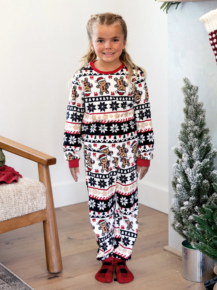 Conjunto de Pijamas de Fleece em Família para o Natal com Estampado de Gengibre e Flocos de Neve e Meias de Natal Vermelhas