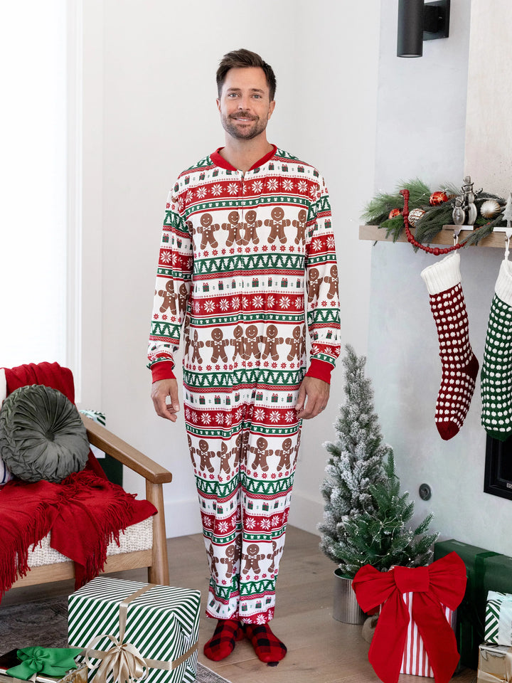Conjunto de Pijamas Igualitários para a Família no Natal - Pijamas com Estampa de Gengibre e Plaid Temática de Natal, Inclui Meias de Natal - Vermelho