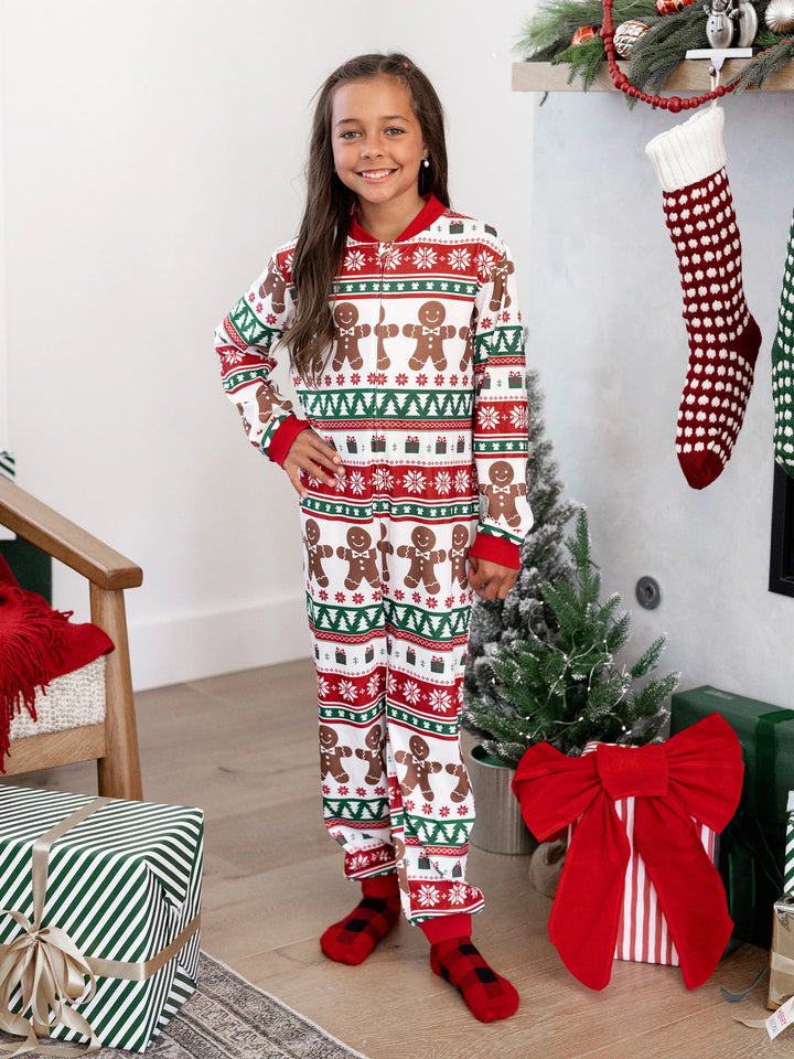 Conjunto de Pijamas Igualitários para a Família no Natal - Pijamas com Estampa de Gengibre e Plaid Temática de Natal, Inclui Meias de Natal - Vermelho